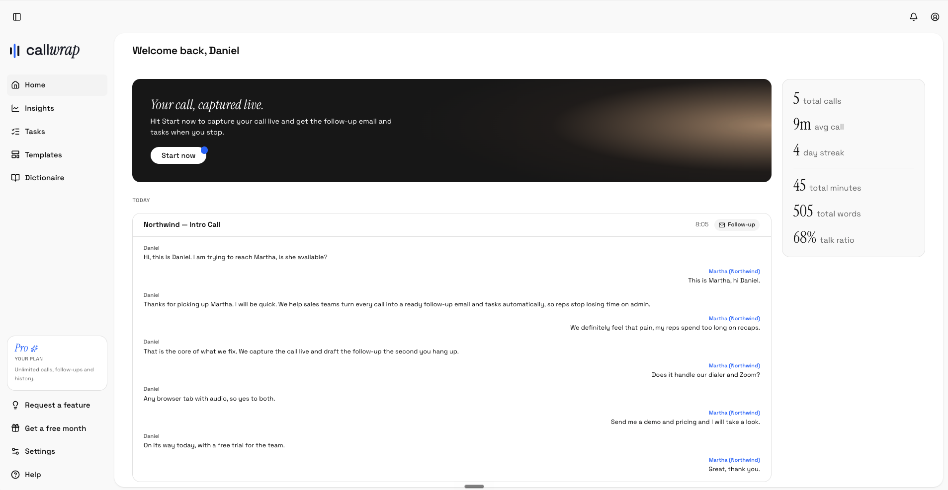 Callwrap dashboard
